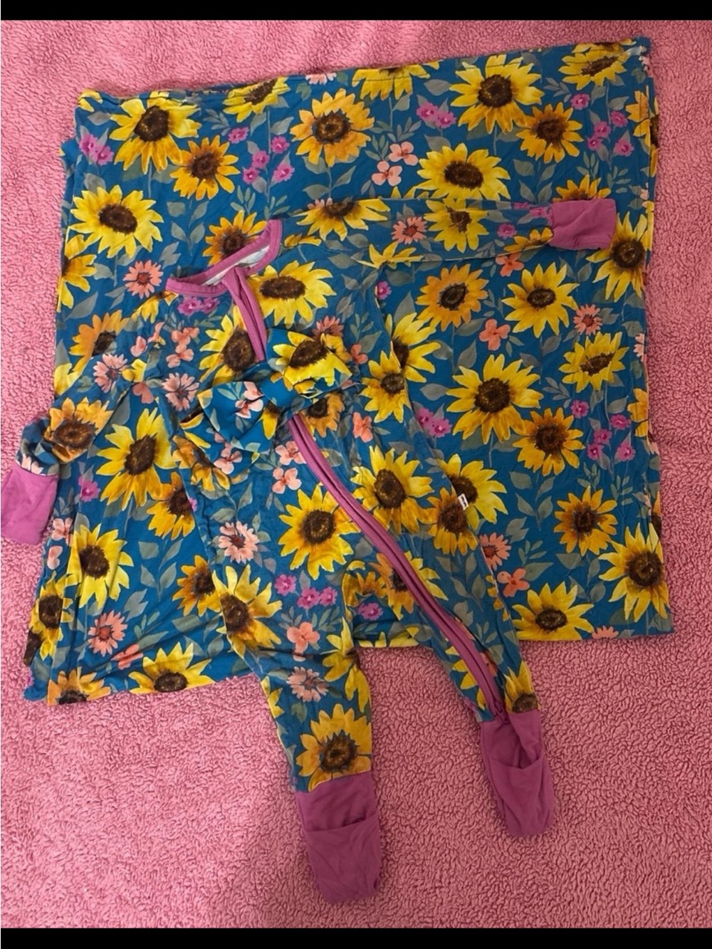 Little Sleepies Sunflower Blue Zip Pajama Set with Swaddle & Bow